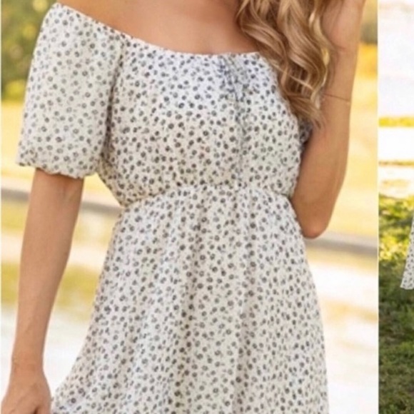 đź–¤New White Black Floral Print Off Shoulder Spring Summer Cute Midi Dressđź–¤ - Picture 4 of 5